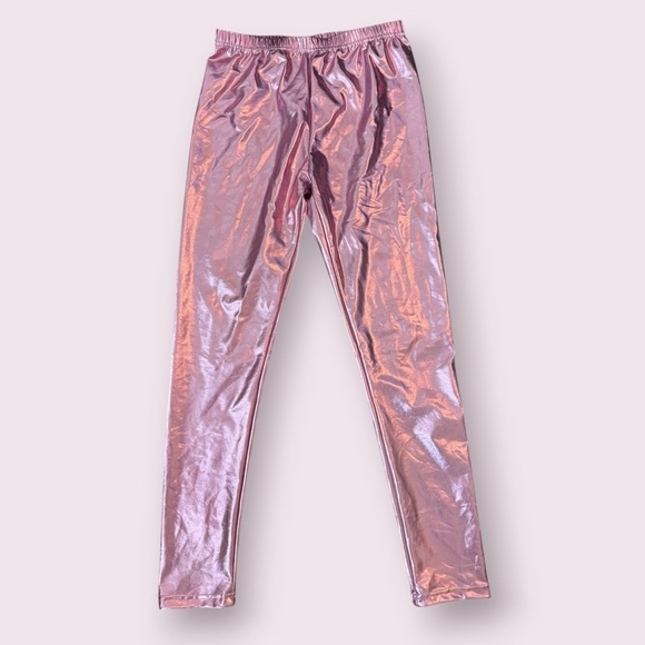 Pants - Pink Metallic Foil High Rise Leggings Festival Rave Pants Size L